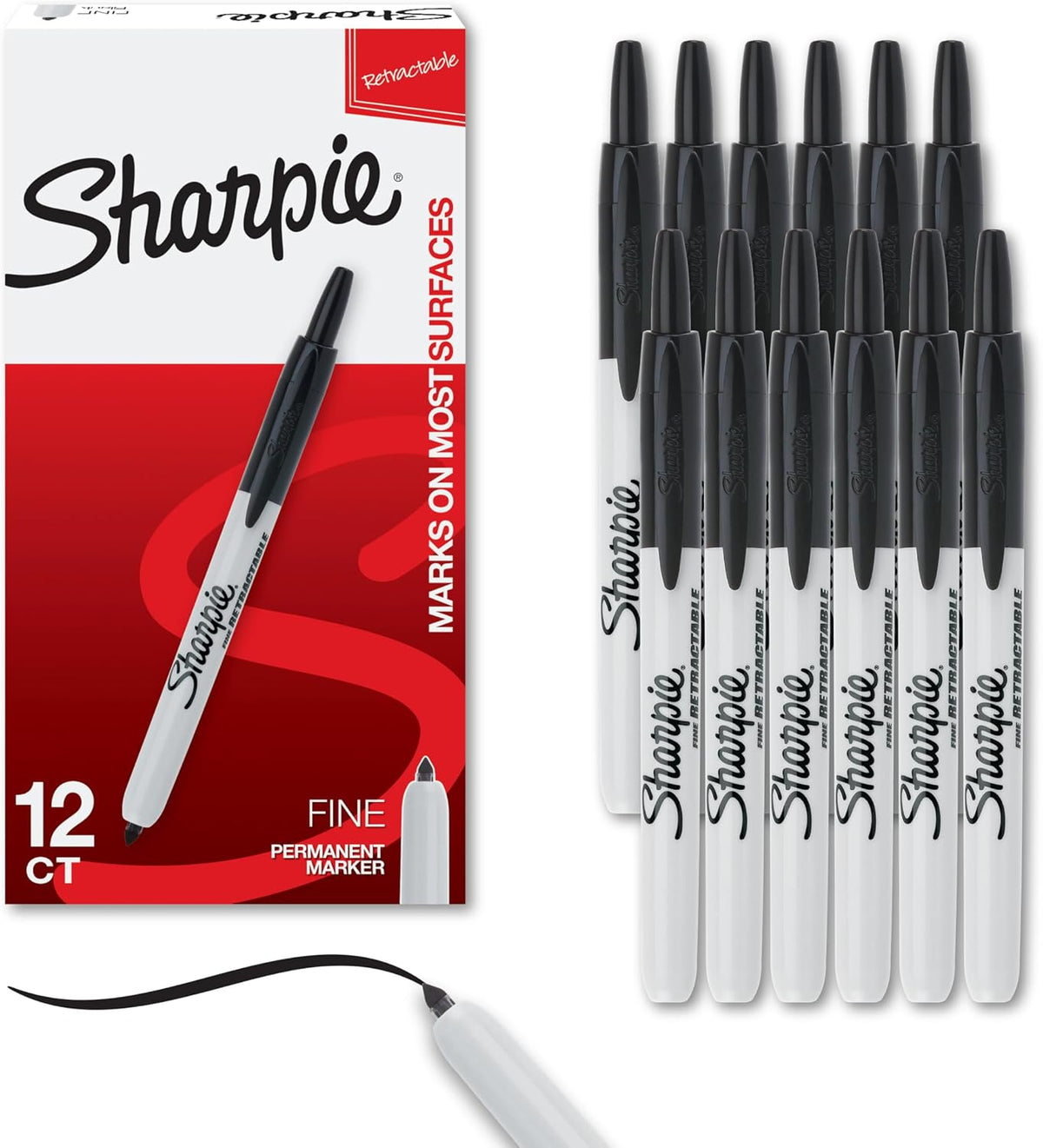 Sharpie Retractable Permanent Markers, Fine Tip, Black, 12 Count - Desk, Classroom, Office Supplies