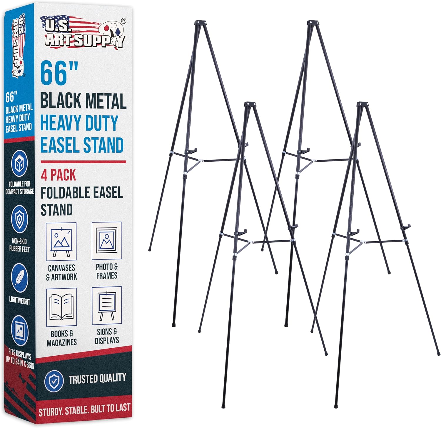 U.S. Art Supply 66" High Black Metal Display Art Easel (4 Pack) - Large