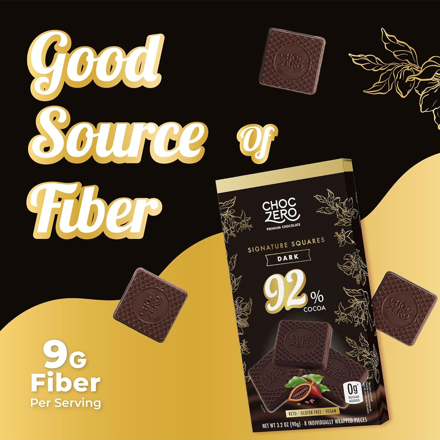 ChocZero 92% Cocoa Sugar Free Dark Chocolate Squares, Vegan, 4 Pack