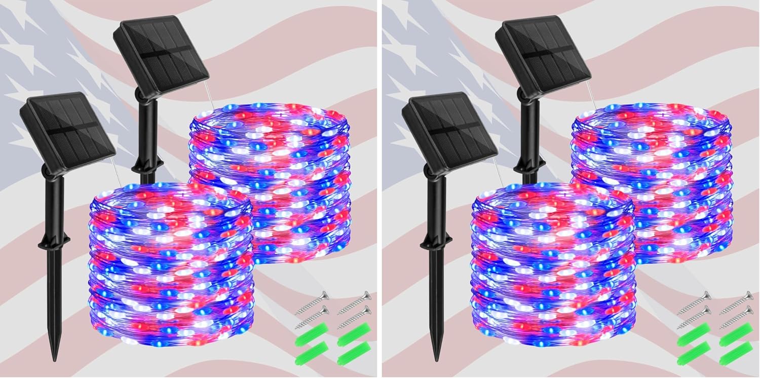 cshare Red White and Blue Solar Fairy Lights, Memorial Day Lights Waterproof Outdoor 39.4ft 120LED 8 Modes Memory Function Independence Day Memorial Day Decorations, CS-SL-5M (Pack of 2)