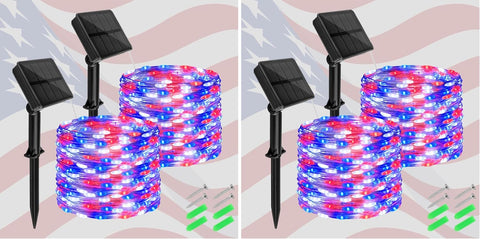 cshare Red White and Blue Solar Fairy Lights, Memorial Day Lights Waterproof Outdoor 39.4ft 120LED 8 Modes Memory Function Independence Day Memorial Day Decorations, CS-SL-5M (Pack of 2)
