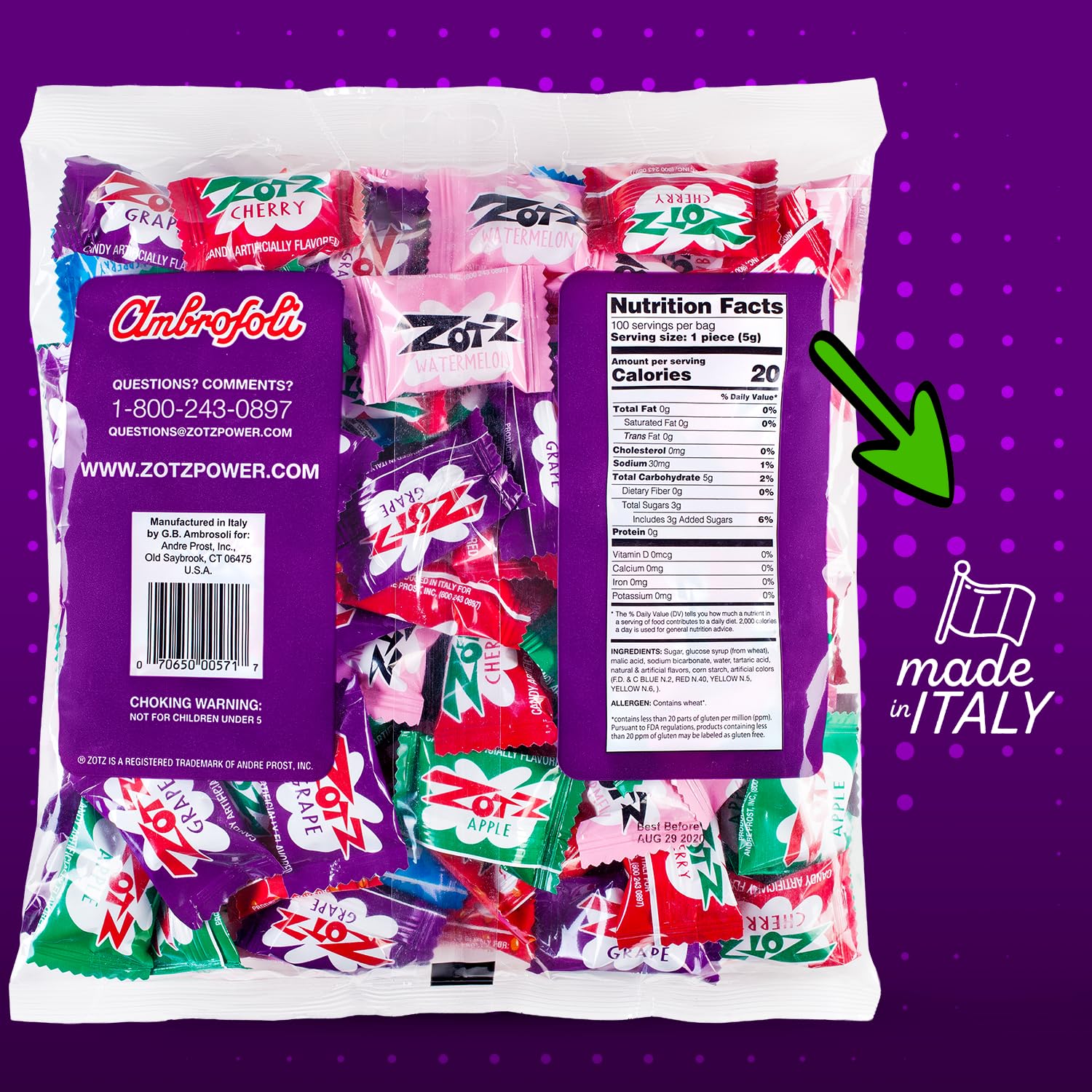 ZOTZ Fizzy Sour Candy Bulk - Retro Italian Hard Candy Individually Wrapped - Classic Nostalgic 7 Assorted Flavors Cherry, Watermelon, Blue Raspberry, Apple, Orange, strawberry & Grape - 100 Pieces Bag for Party Favors, Goodie Bags, Piñata & Candy Buffet