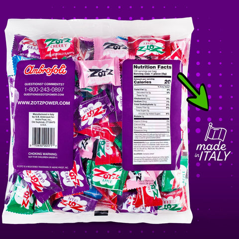 ZOTZ Fizzy Sour Candy Bulk - Retro Italian Hard Candy Individually Wrapped - Classic Nostalgic 7 Assorted Flavors Cherry, Watermelon, Blue Raspberry, Apple, Orange & Grape - 200 Pieces Bag for Party Favors, Goodie Bags, Piñata & Candy Buffet