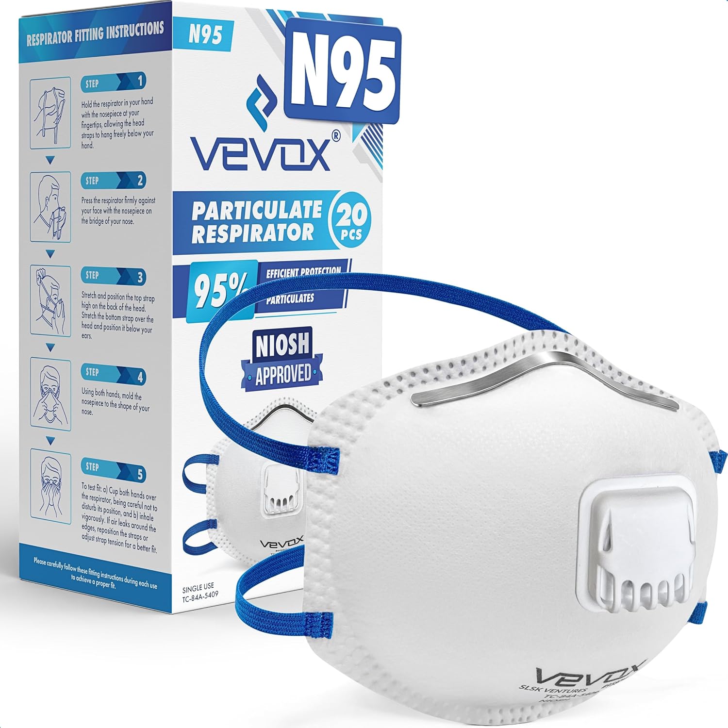 VEVOX™️ N95 Mask – NIOSH Approved – 10 or 20 Pack – Valved Particulate Respirator – Comfort-Plus Seal – Dust Mask for Adults