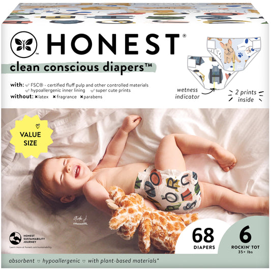 The Honest Company Clean Conscious Diapers | Plant-Based, Sustainable | All The Letters + It's a Pawty | Super Club Box, Size 6 (35+ lbs), 68 Count