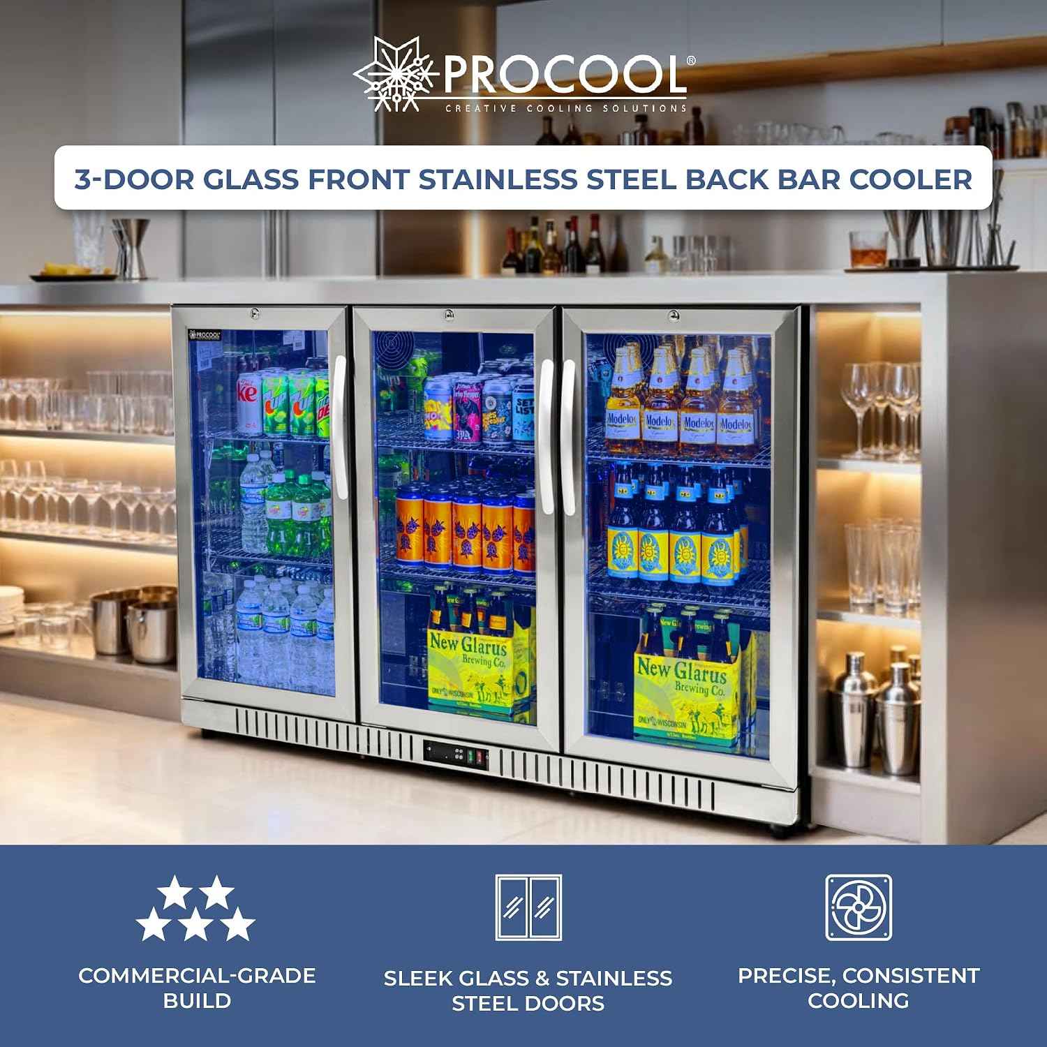 Procool 54" 3-Door Back Bar Cooler, Glass Doors, Stainless Steel, Blue LED