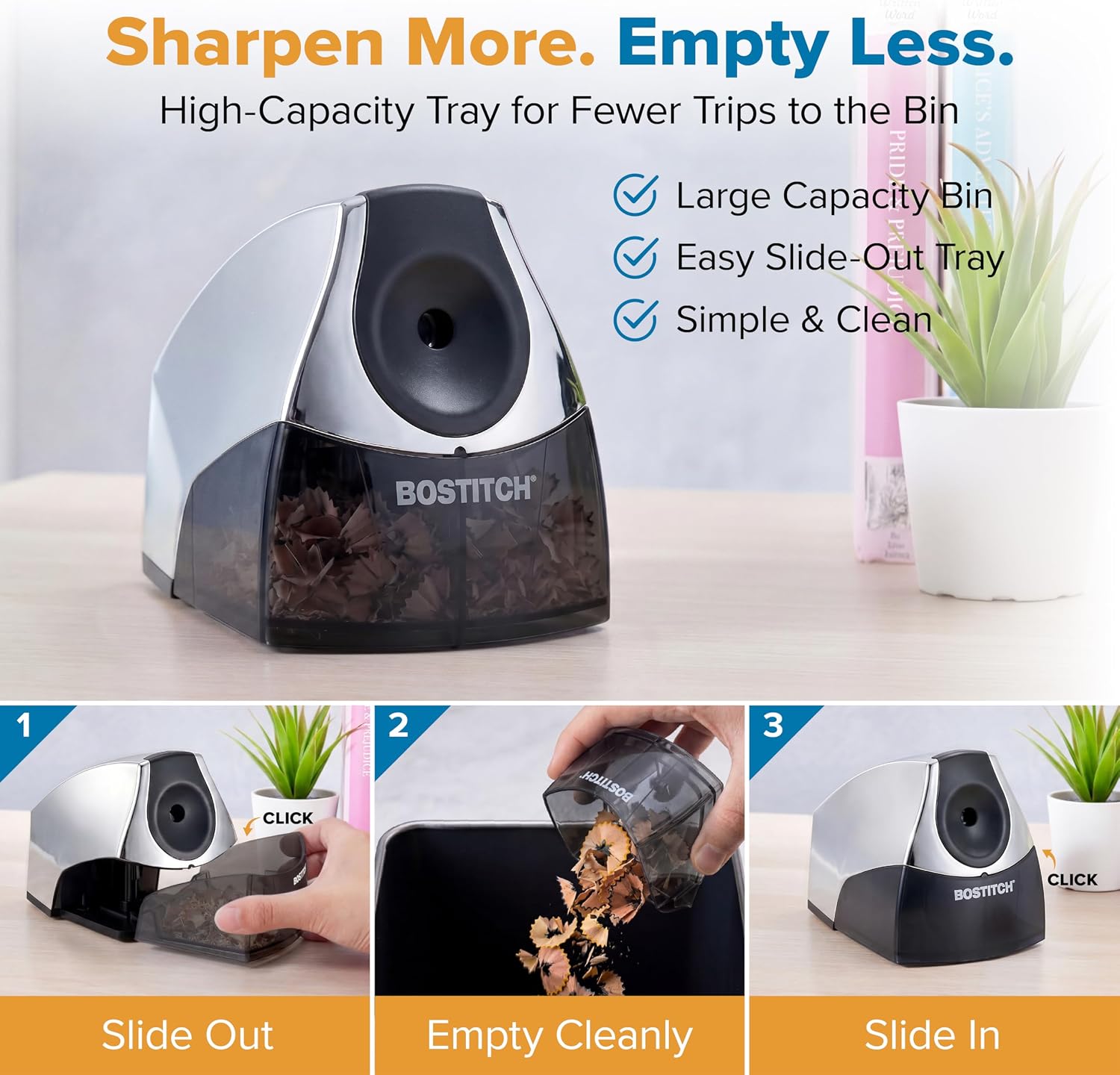 Bostitch Office Electric Pencil Sharpener for Classroom & Desk Use, Heavy-Duty Stall-Free Motor, High-Capacity Shavings Tray, Chrome