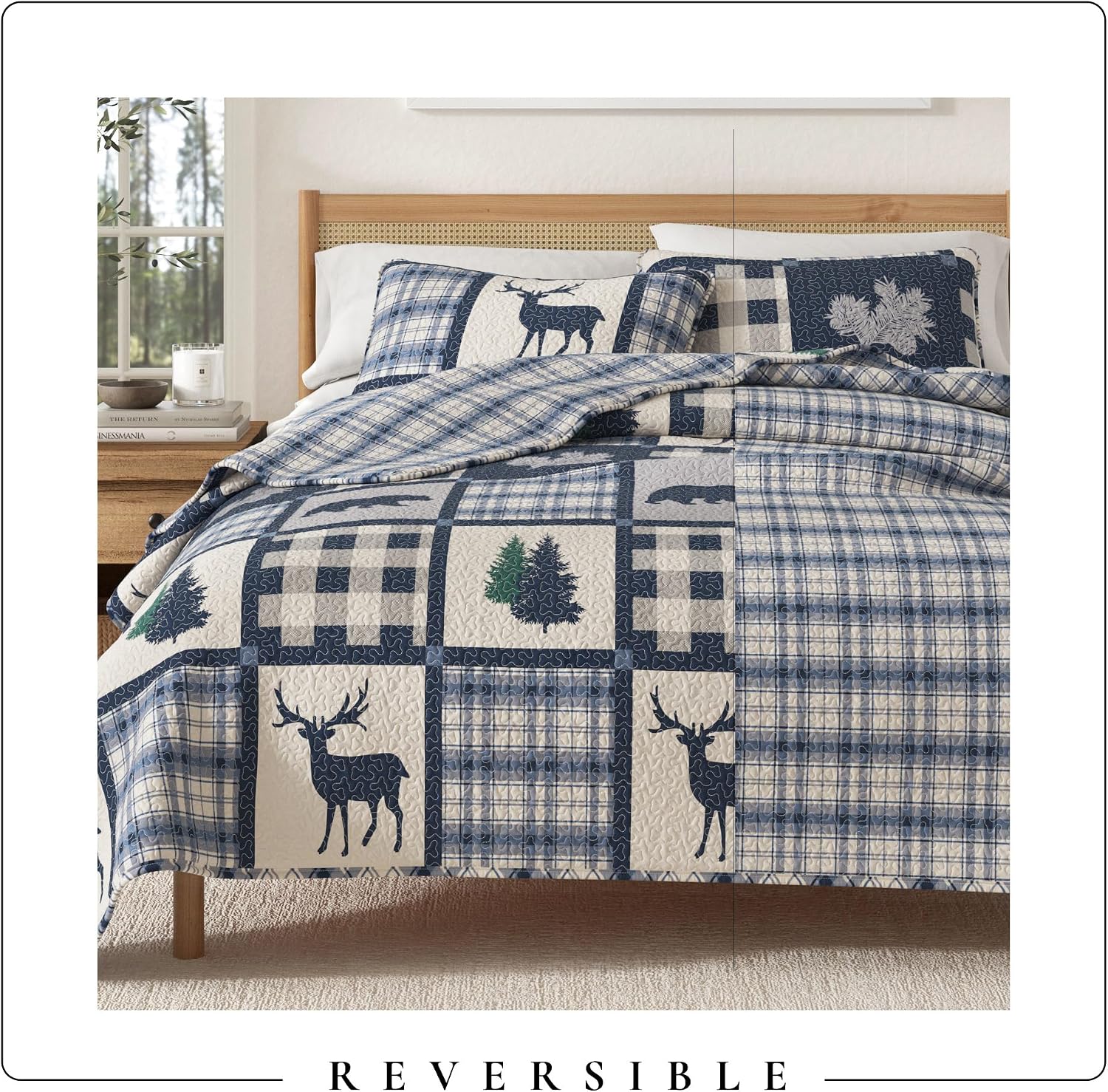 Great Bay Home Lodge Quilt Set - 3-Piece King/California King Size Rustic Bedding Set - Lightweight, All-Season, Reversible Bedspread (Navy/Grey)