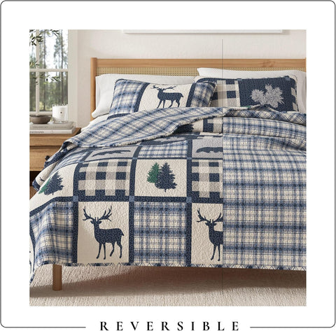 Great Bay Home Lodge Quilt Set - 3-Piece King/California King Size Rustic Bedding Set - Lightweight, All-Season, Reversible Bedspread (Navy/Grey)