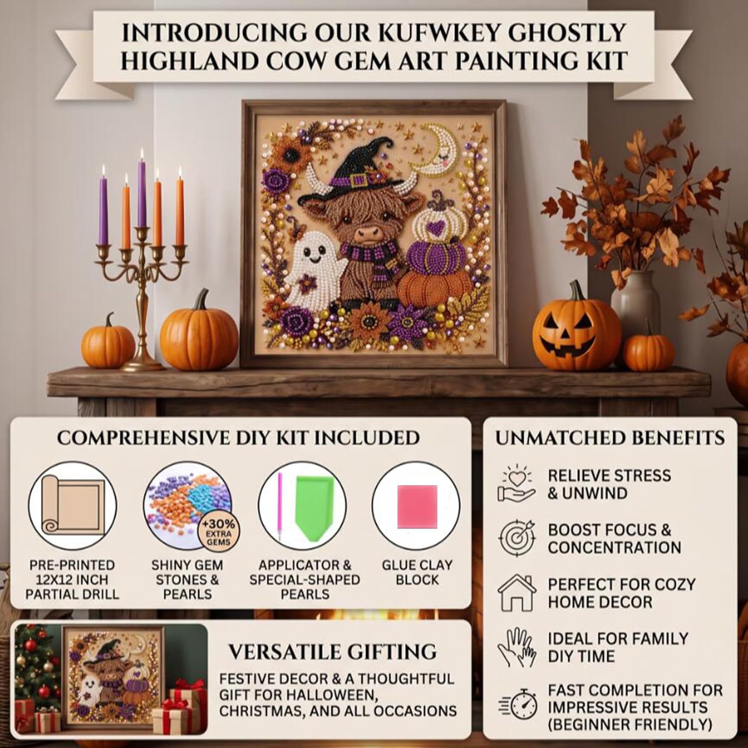 Halloween Ghost Pearl Painting Kit for Adults,Highland Cow Diamond Art Kits