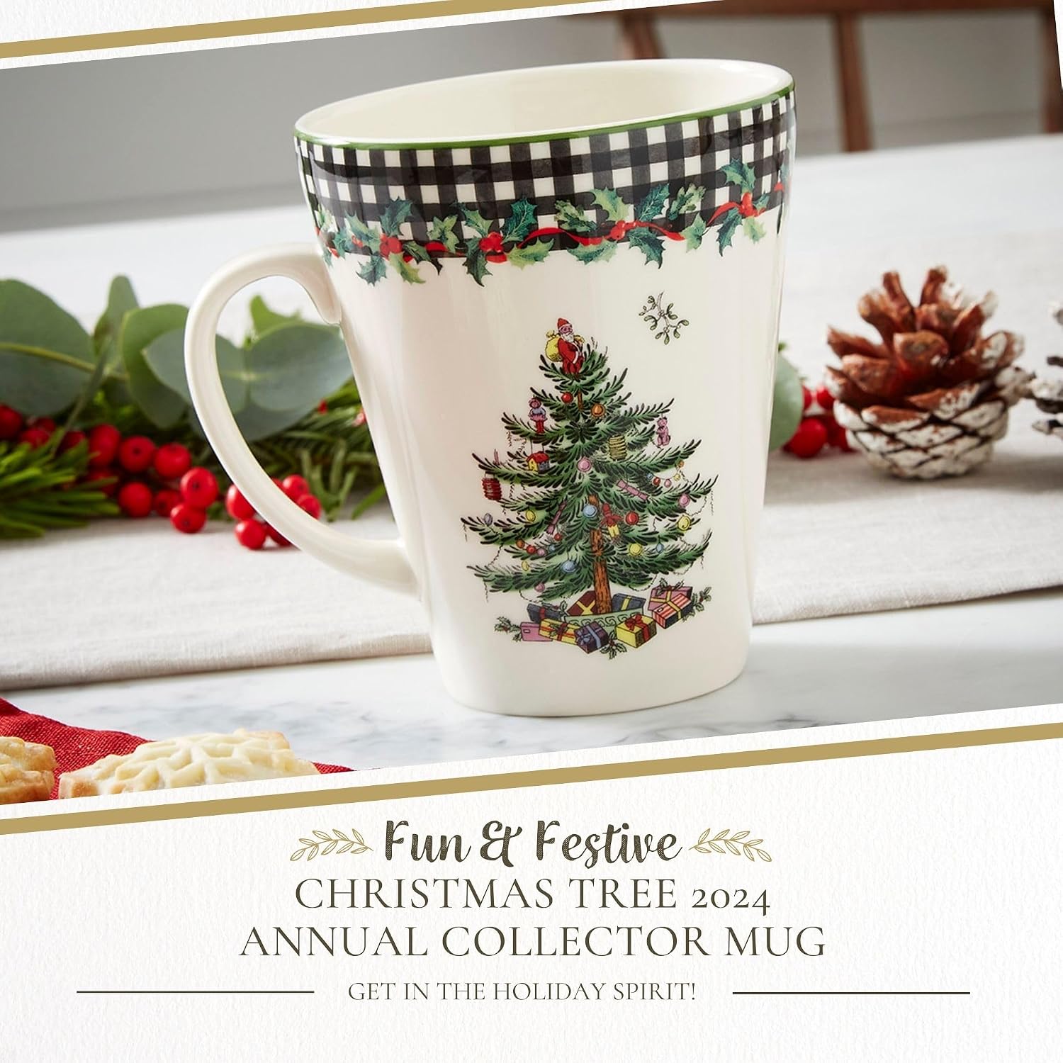 Spode – Christmas Tree Christmas Tree 2024 Annual Mandarin Mug, Checkered – 14 Qt