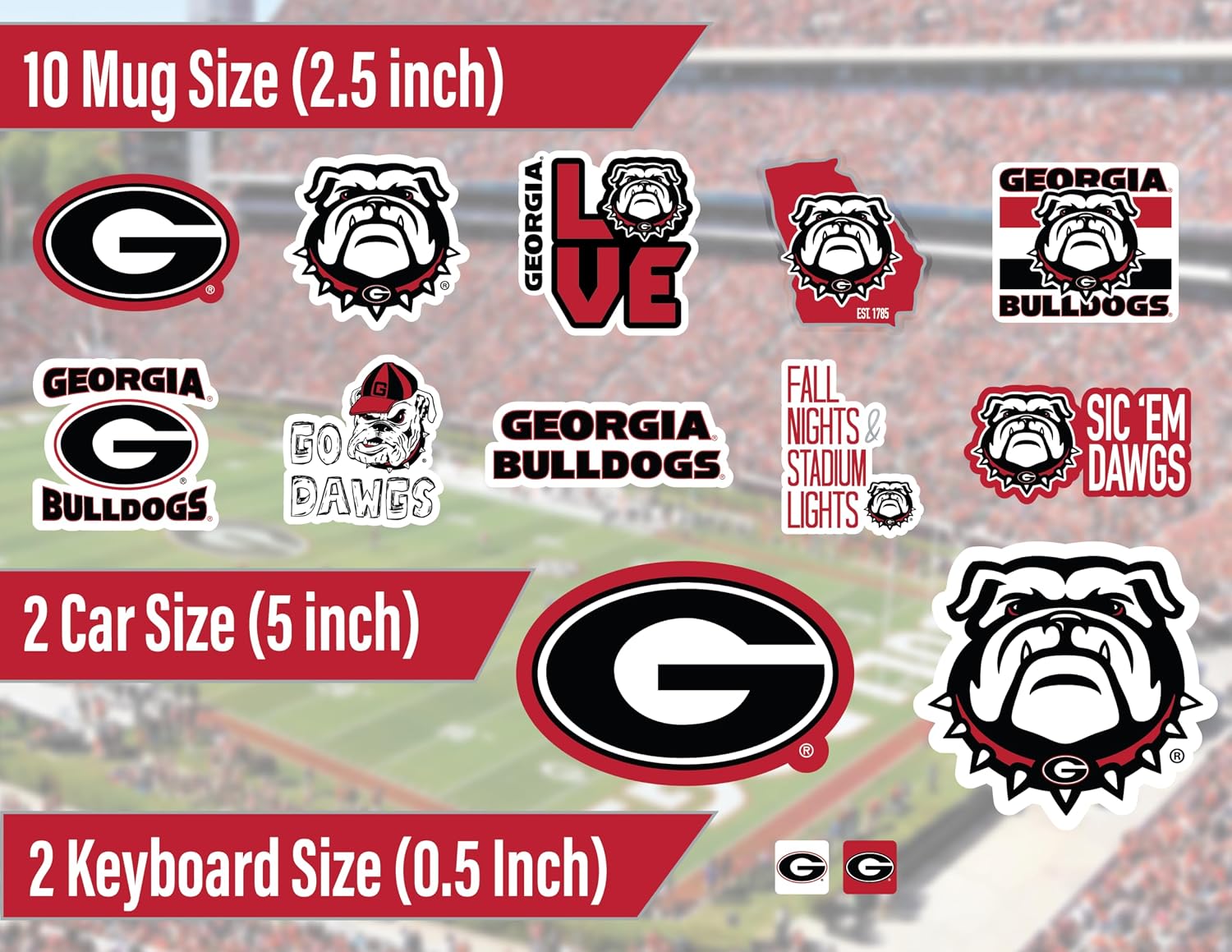 UGA Gifts Georgia Bulldogs Stickers & Decals 14 Pc Set for Car Water Bottle