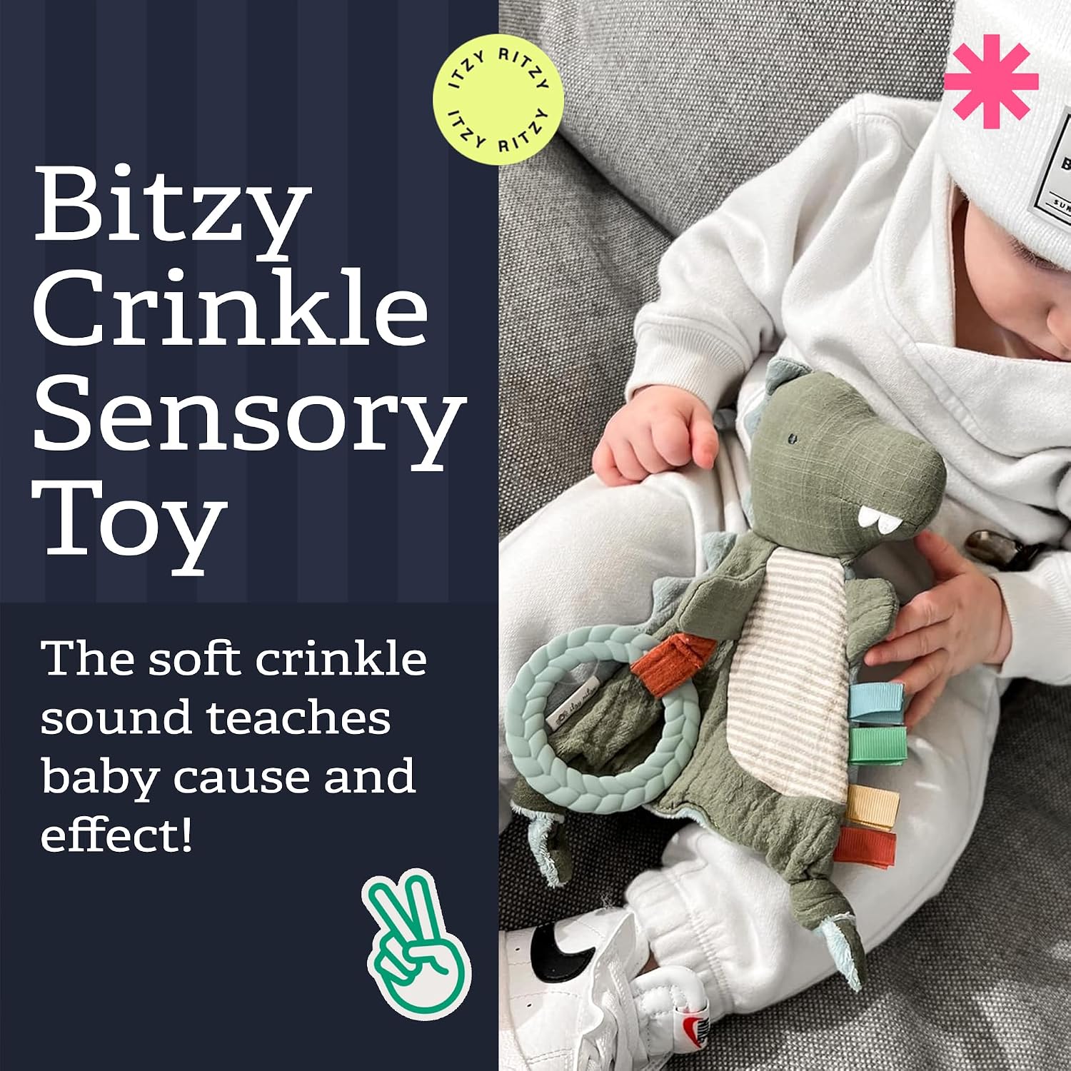 Itzy Ritzy Bitzy Crinkle Sensory Toy with Teething Toy, 0+ Months, Dinosaur