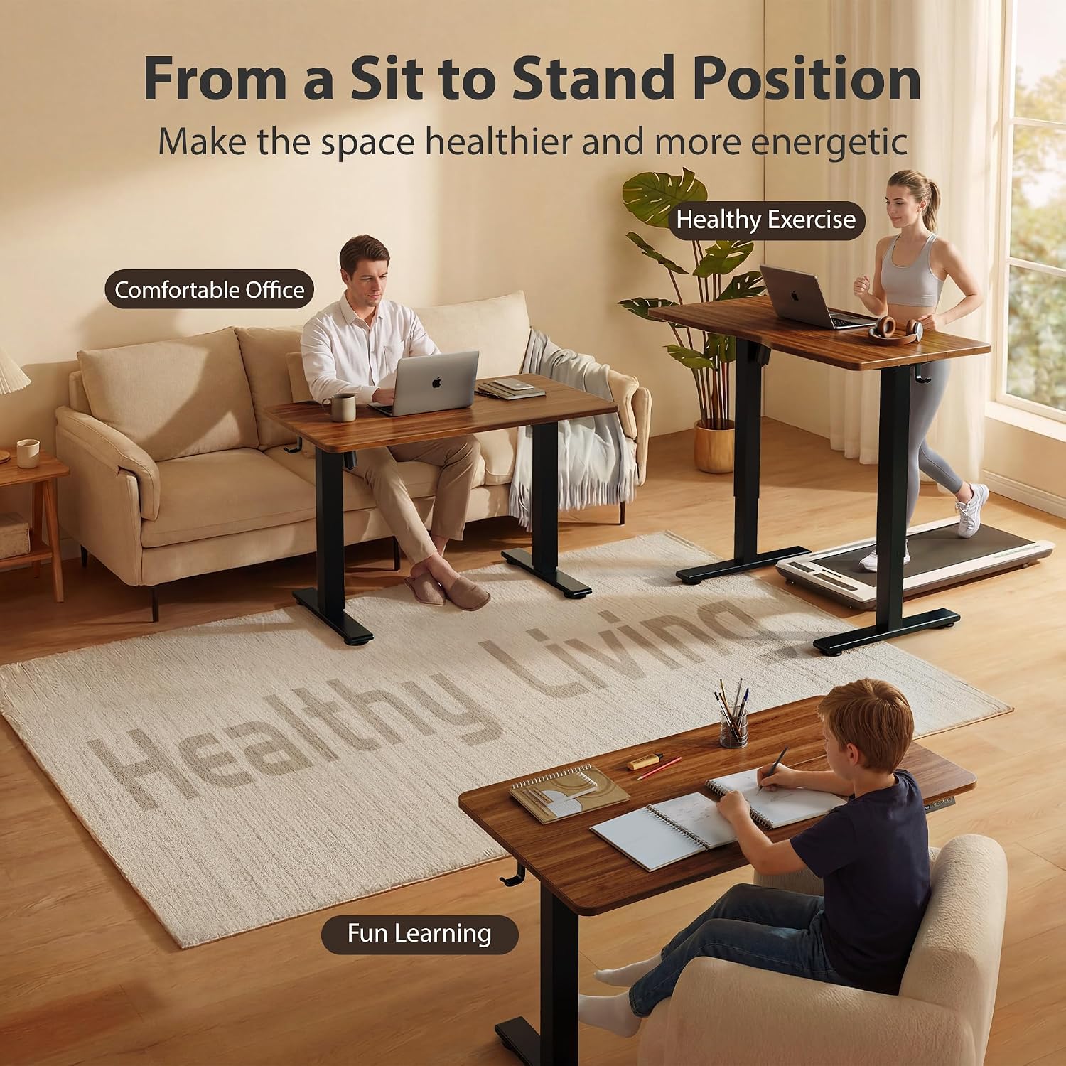 Cubiker Standing Desk, 48x24 Inches Sit Stand Home Office Desk, Electric Stand up Desk, Adjustable Desk with Splice Board, Black Frame/Black Walnut Top