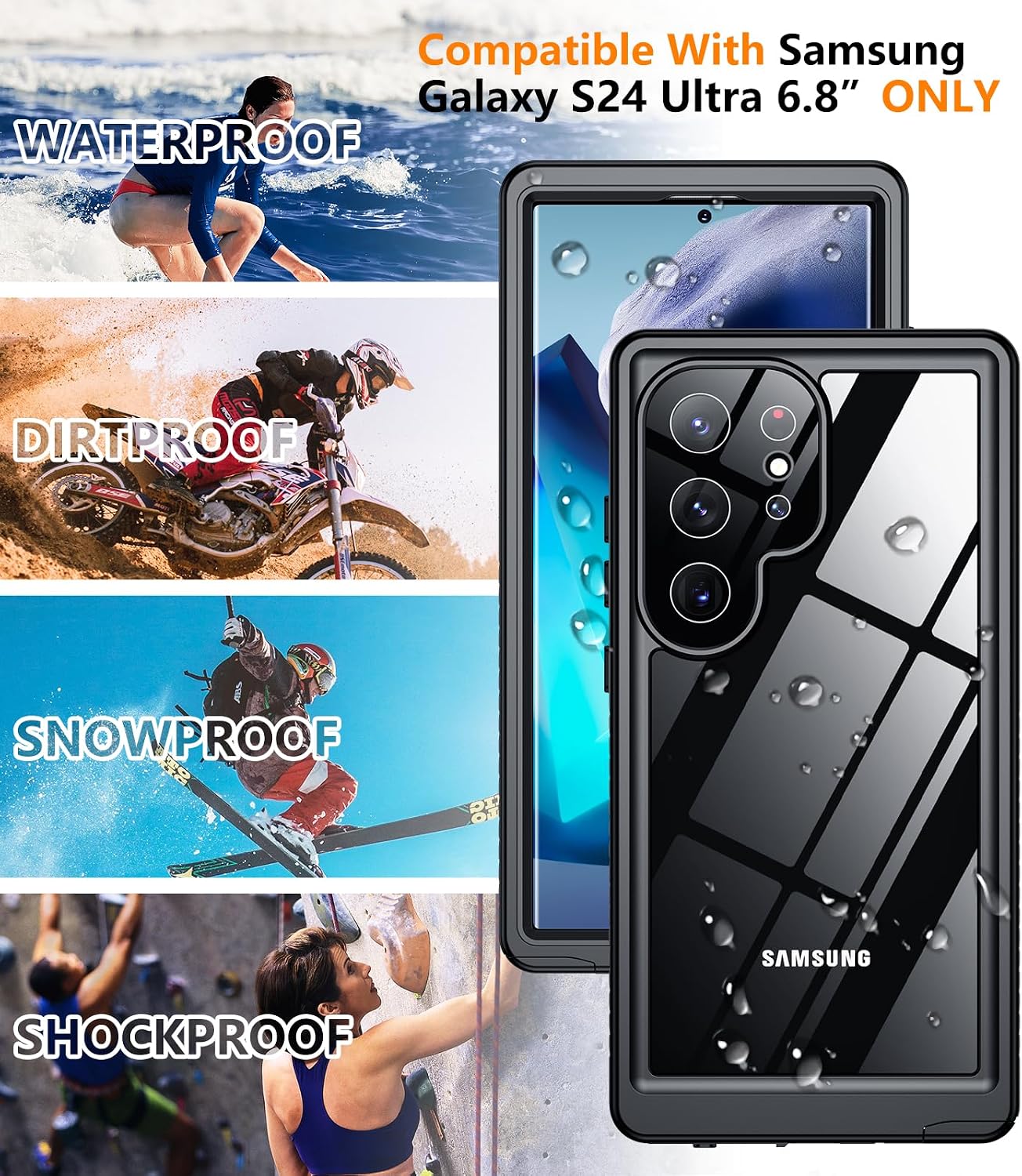 Designed for Samsung Galaxy S24 Ultra Case,Waterproof Built-in Lens & Screen Protector [Full Body Shockproof][Military Drop Proof][IP68 Underwater] Phone Case for S24 Ultra 5G-Black (2024)