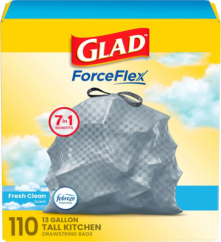 Glad Tall Kitchen Drawstring Trash Bags - Odorshield 13 Gallon White Trash Bag, Febreze Fresh Clean, 110 Count