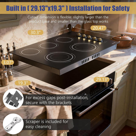 Upgraded 30" Electric Cooktop 8600W High Power Built-in 240V