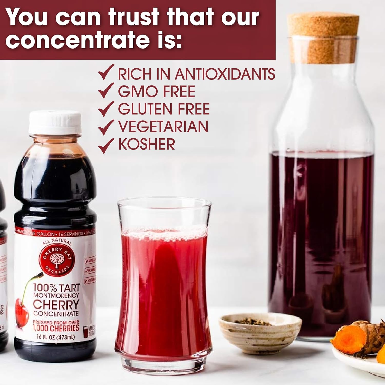 Cherry Bay Orchards Tart Cherry Concentrate (6 Pack 16 Oz Bottle, 96 Oz/2.8 Liters Total) - All Natural Juice Sleep Aid - GMO & Gluten Free, Kosher Certified, No Added Sugar or Preservatives
