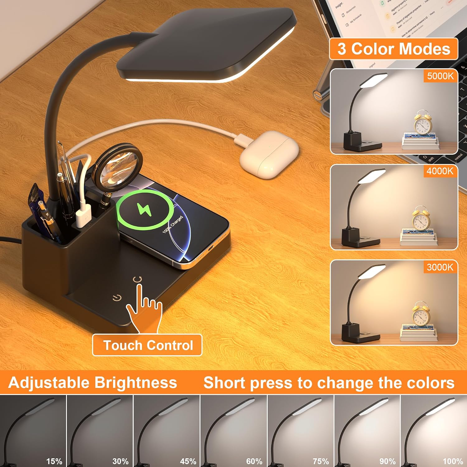Wireless Charging Desk Lamp USB Charging & Pen Holder, Matte Black