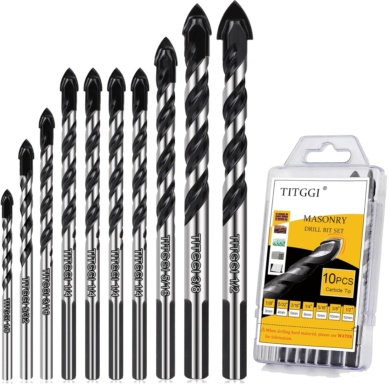 10-Piece Masonry Drill Bit Set & Concrete Drill Bit Set, 7 Sizes, 1/8"-1/2"