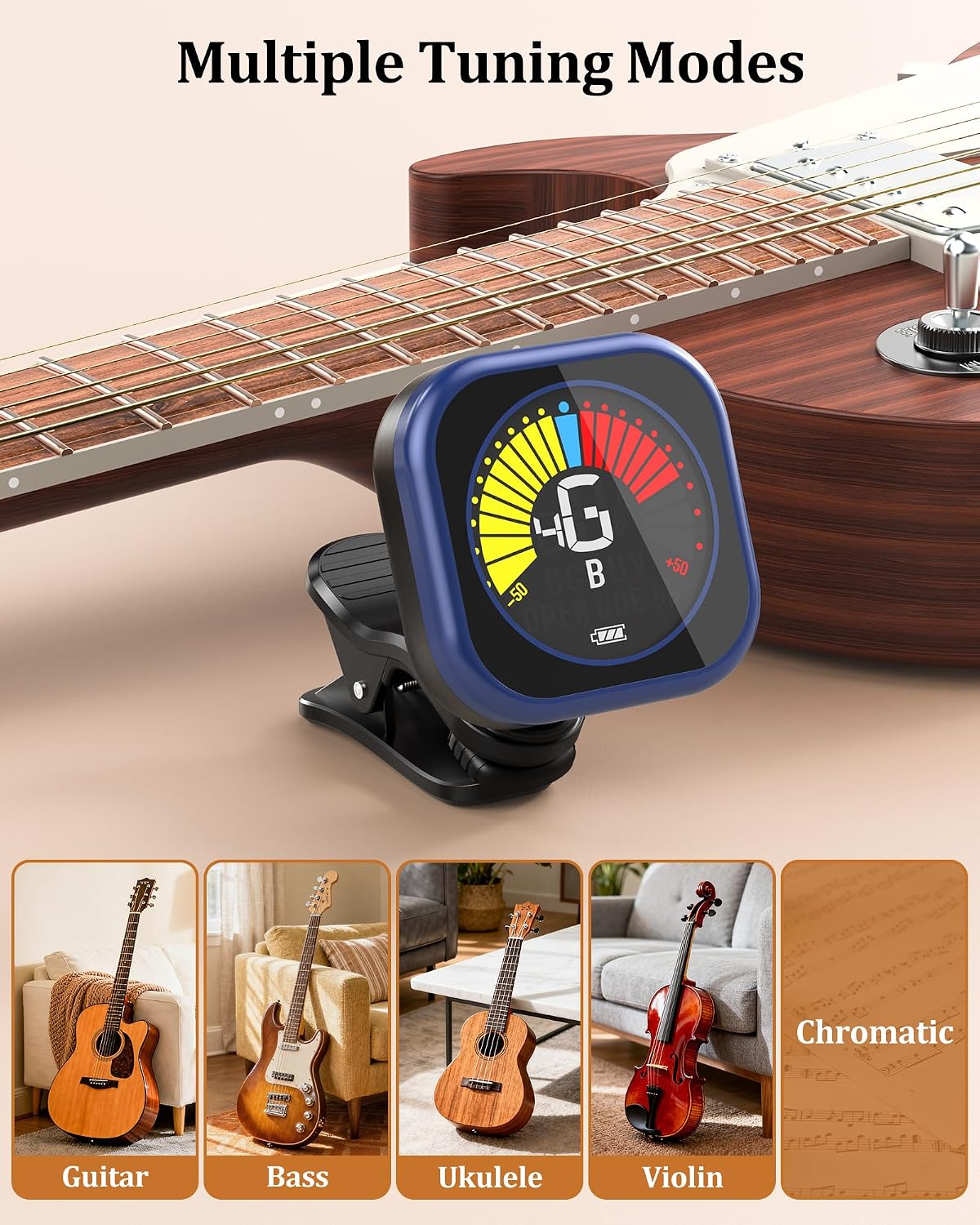 New Bee Guitar Tuner Clip-On Rechargeable with Color Screen 360° Rotatable Acoustic Chromatic Open Tuning for Guitar, Bass, Ukulele, Violin (Blue, 1 Pack)