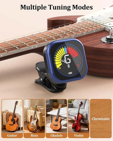 New Bee Guitar Tuner Clip-On Rechargeable with Color Screen 360° Rotatable Acoustic Chromatic Open Tuning for Guitar, Bass, Ukulele, Violin (Blue, 1 Pack)