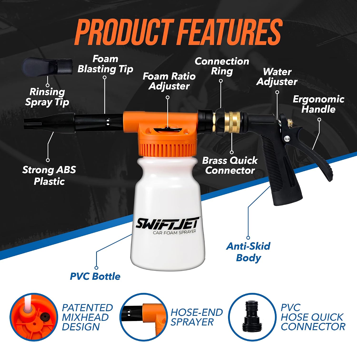 SwiftJet Car Wash Foam Gun + Microfiber Wash Mitt - Foam Cannon Works with Any Soap - Garden Hose Car Foam Sprayer - Car Wash Kit - Car Accessories Foam Blaster (Orange Foam Gun with Mitt)
