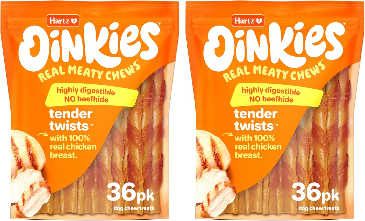Hartz Oinkies Tender Twists with Real Chicken Breast Rawhide-Free Dog Treats, Highly Digestible Dog Chews, 72 Count (Pack of 6)