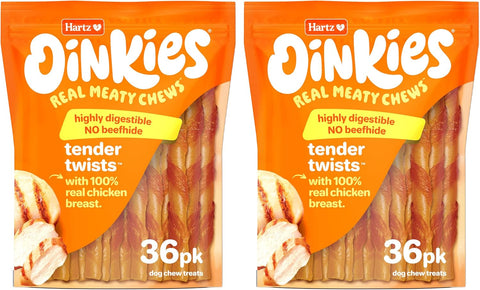 Hartz Oinkies Tender Twists with Real Chicken Breast Rawhide-Free Dog Treats, Highly Digestible Dog Chews, 72 Count (Pack of 6)
