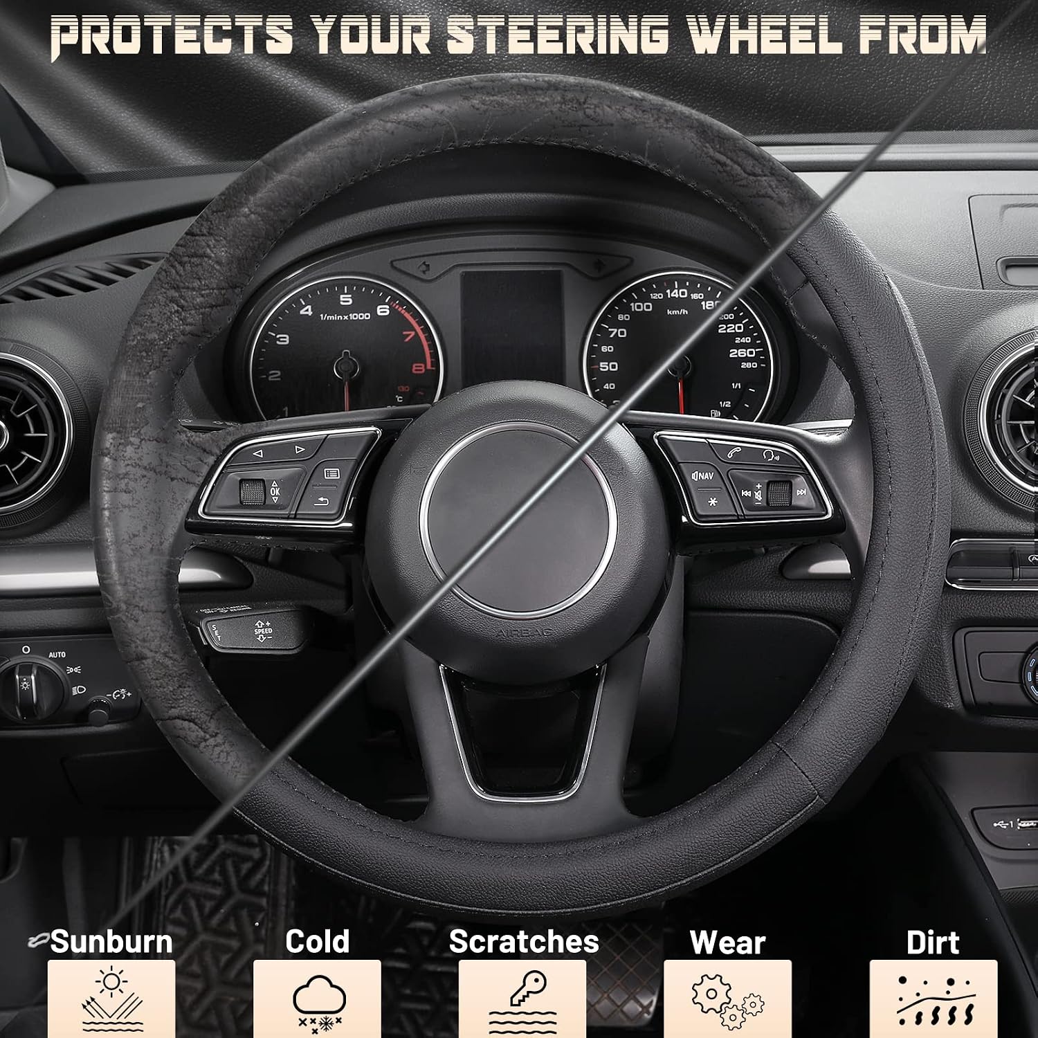 SEG Direct Black Microfiber Leather Auto Car Steering Wheel Cover 15 inch