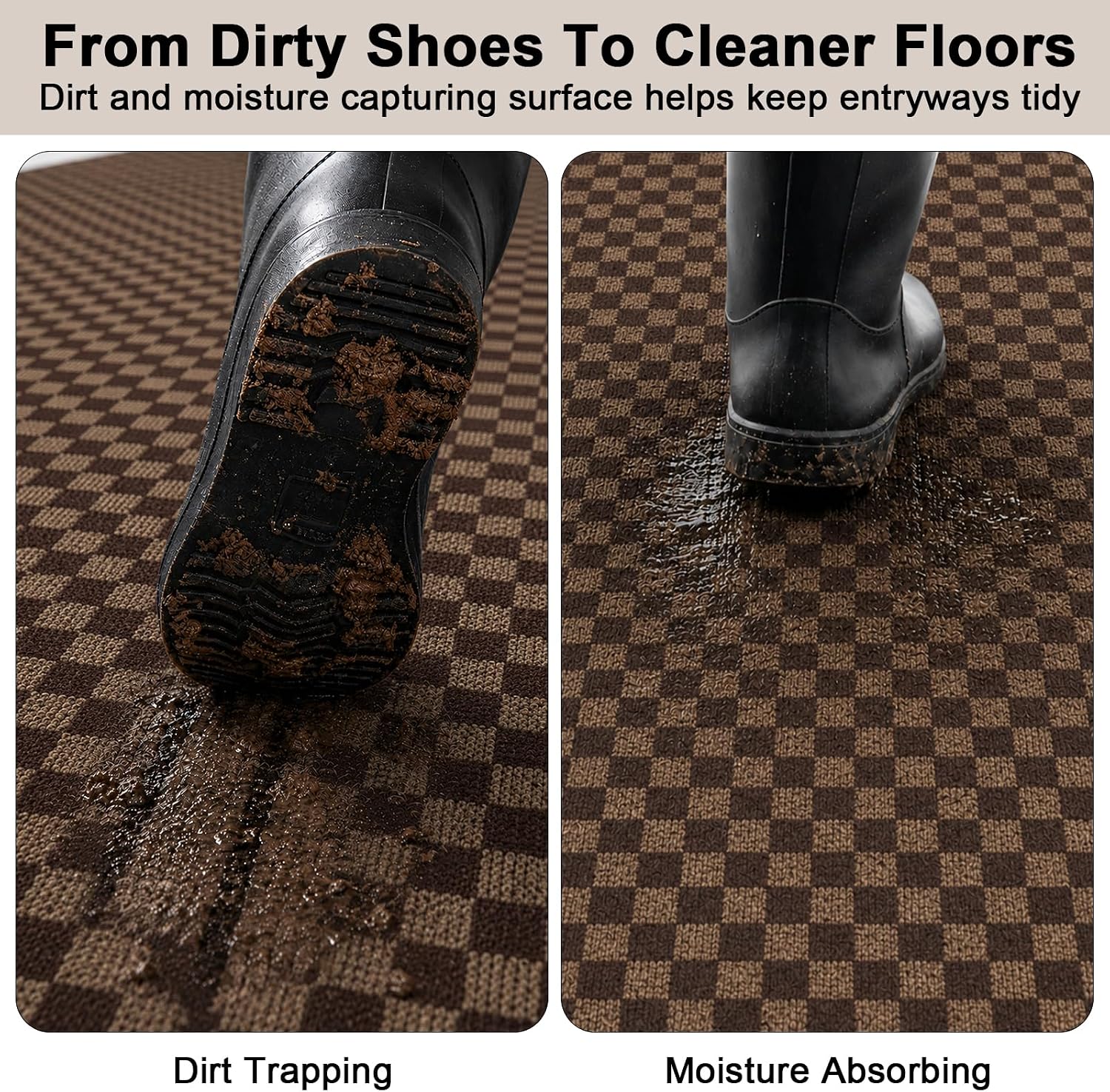 Runner Rug 2' x 6' Outdoor/Indoor, Rug with Natural Rubber Backing Non Slip for Hallway, Kitchen, Patio, Laundry, RV, Entryway, Garage, Bathroom, Area Rug Carpet, Brown Checkered, Custom Size