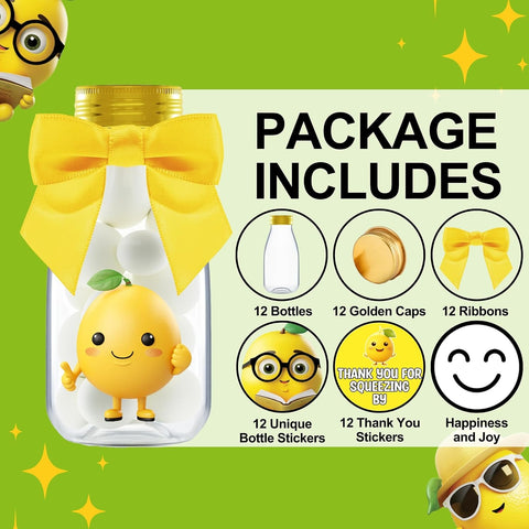 Ethisa Small 12 Pack Lemon Party Favors - DIY Candy Jars with Ribbons and Stickers - Party Decoration Bottles for Wedding, Birthday, and Baby Shower - Lemon Table Centerpieces