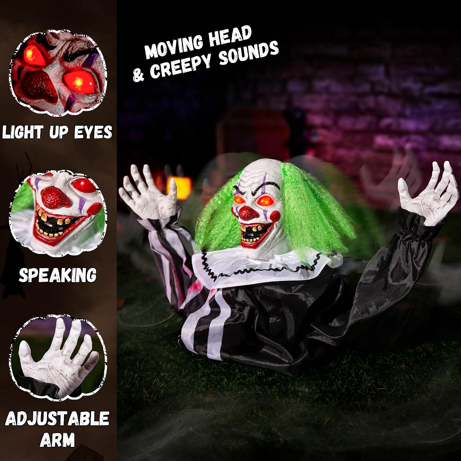 Halloween Animatronics Clown Decorations Outdoor, Animated Groundbreaker Clown Scary Talking Clowns with Sound & Motion Activated, Lighted Eyes, Creepy Sound, Movable Arms for Graveyard Haunted House