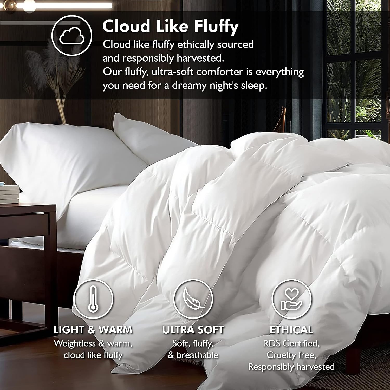 Luxurious King/Oversized King 108" x 98" Size Goose Down Fiber Waterfowl Feather Fiber Comforter Duvet, 100% Egyptian Cotton Cover, 65 oz. Fill Weight, Baffle Box Design, White Solid