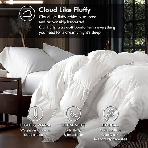 Luxurious King/Oversized King 108" x 98" Size Goose Down Fiber Waterfowl Feather Fiber Comforter Duvet, 100% Egyptian Cotton Cover, 65 oz. Fill Weight, Baffle Box Design, White Solid
