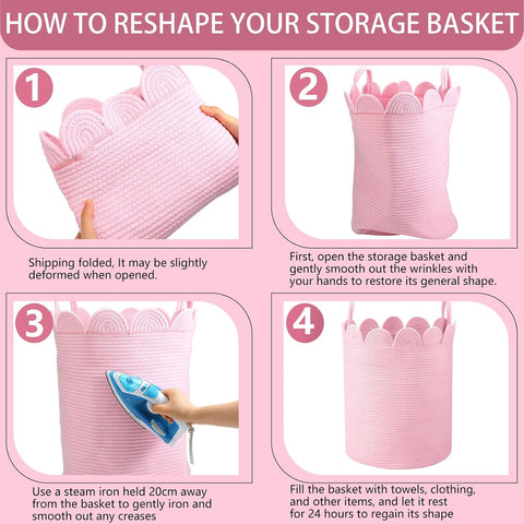 LemonRoad Pink Round Storage Basket Scalloped Cotton Rope Basket 15''x20''