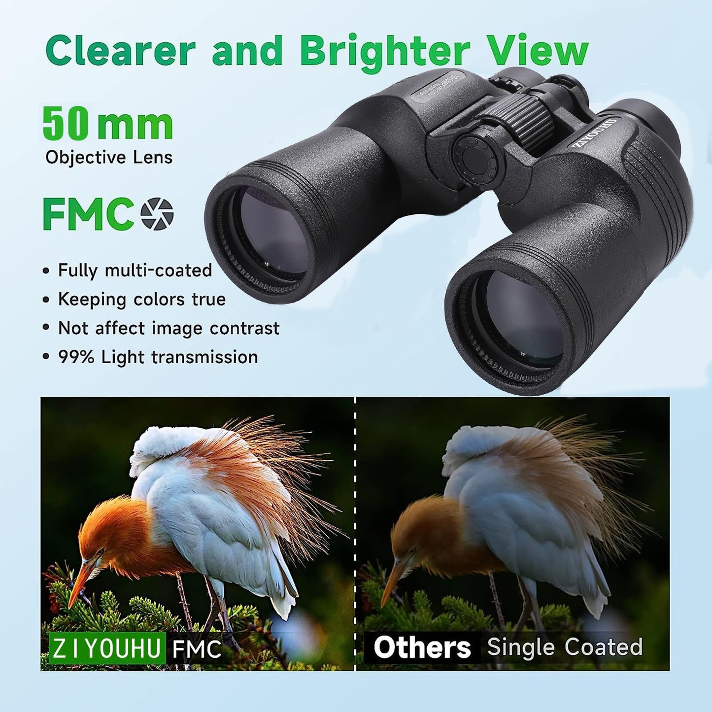 ZIYOUHU Binoculars DE10x50 HD High Binoculars for Adults and Kids,Compact Binoculars with Low Light Night Vision,Paul Large Objective Telescope Patrol Mirror for Bird Watching,Hunting