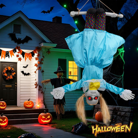 40in Scary Halloween Decorations Outdoor with Flailing Arms, Scary Sounds & Glowing Red Eyes, Hanging Swinging Doll for Yard Porch Indoor Outside