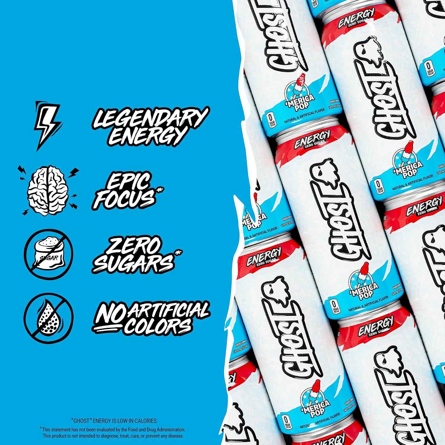 GHOST Energy Drink, Zero Sugars, 12-Pack, 'Merica Pop, 16oz