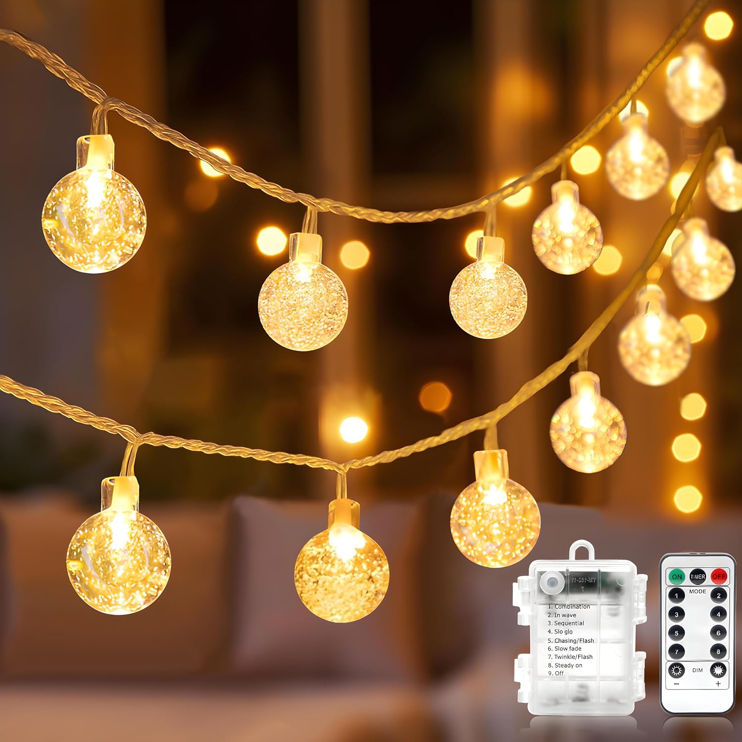 Metaku 16.4Ft 50LED Battery Operated Globe String Lights with Remote