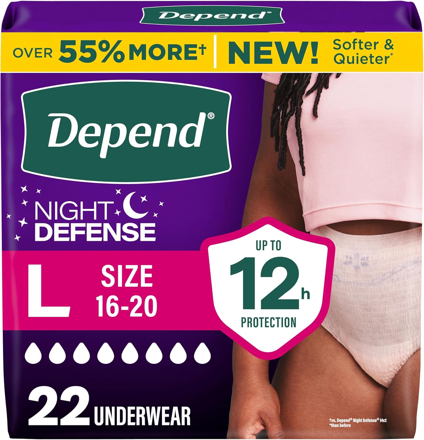 Depend Night Defense Adult Diapers for Women, Large, 22 Count