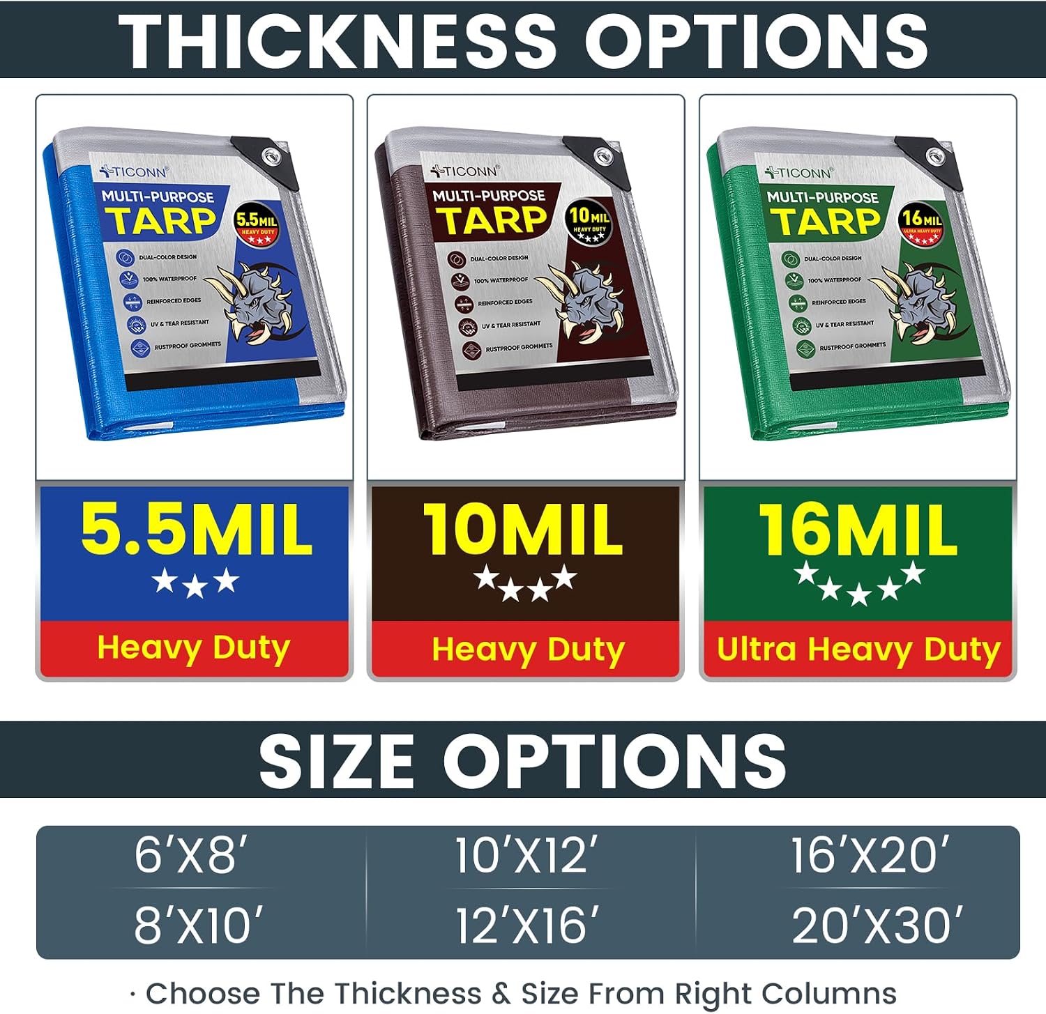 TICONN Heavy Duty Tarp Cover Waterproof, Extra Thick UV Resistant Tarpaulin