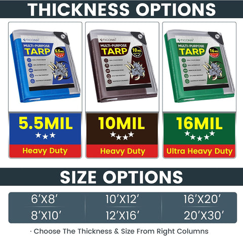 TICONN Heavy Duty Tarp Cover Waterproof, Extra Thick UV Resistant Tarpaulin