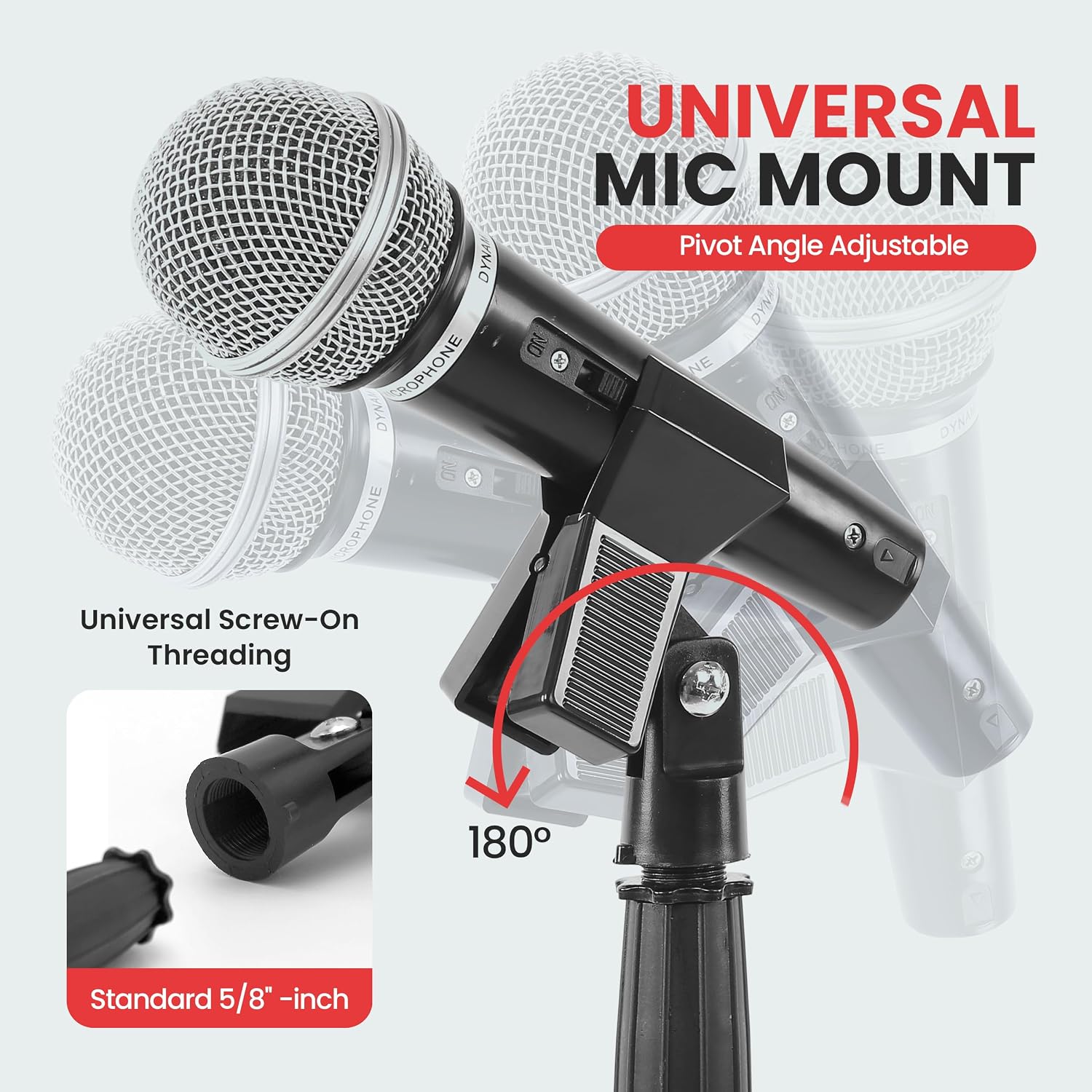 Pyle Adjustable Microphone Stand - Universal Mic Stand with Compact Heavy Base, Floor Standing Design, Height Adjustable, Pivot Angle Clip for Singing & Recording (2.8’ - 5’ ft., 9.8” Base Diameter)