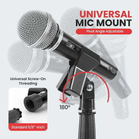 Pyle Adjustable Microphone Stand - Universal Mic Stand with Compact Heavy Base, Floor Standing Design, Height Adjustable, Pivot Angle Clip for Singing & Recording (2.8’ - 5’ ft., 9.8” Base Diameter)