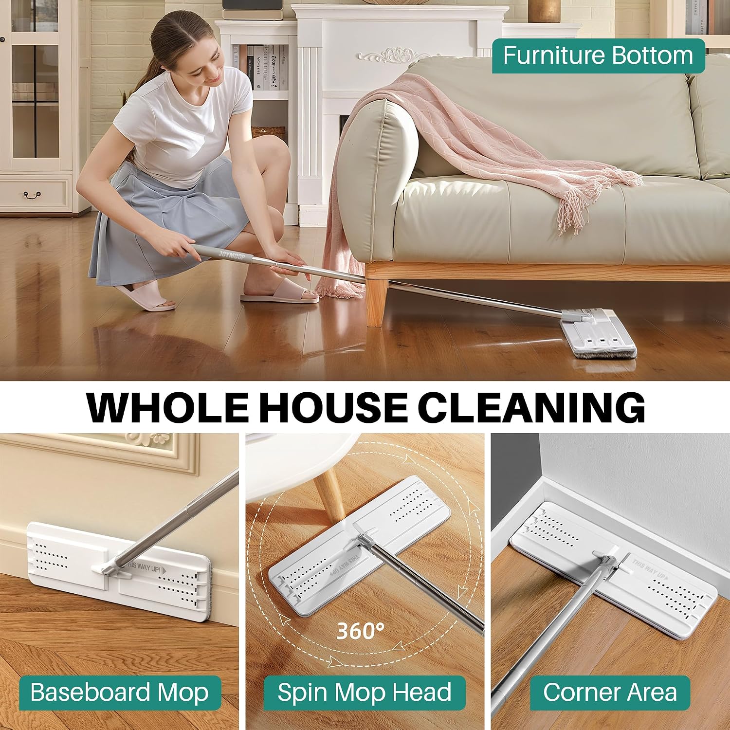 JOYMOOP Flat Mop and Bucket System, Microfiber Mop for Floor Cleaning, White, Suitable for Hardwood, Tile, Laminate and Vinyl Floors, 50" Mop with 1 Microfiber Pad