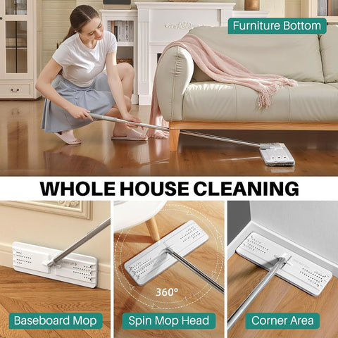 JOYMOOP Flat Mop and Bucket System, Microfiber Mop for Floor Cleaning, White, Suitable for Hardwood, Tile, Laminate and Vinyl Floors, 50" Mop with 1 Microfiber Pad
