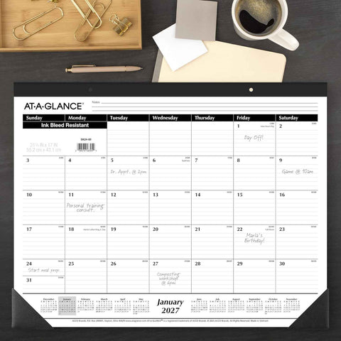 AT-A-GLANCE 2027 Desk Pad Calendar, Monthly Desk Wall Planner, 21.75" x 17", Ruled Blocks, 3 Pack (AZSK240027), White