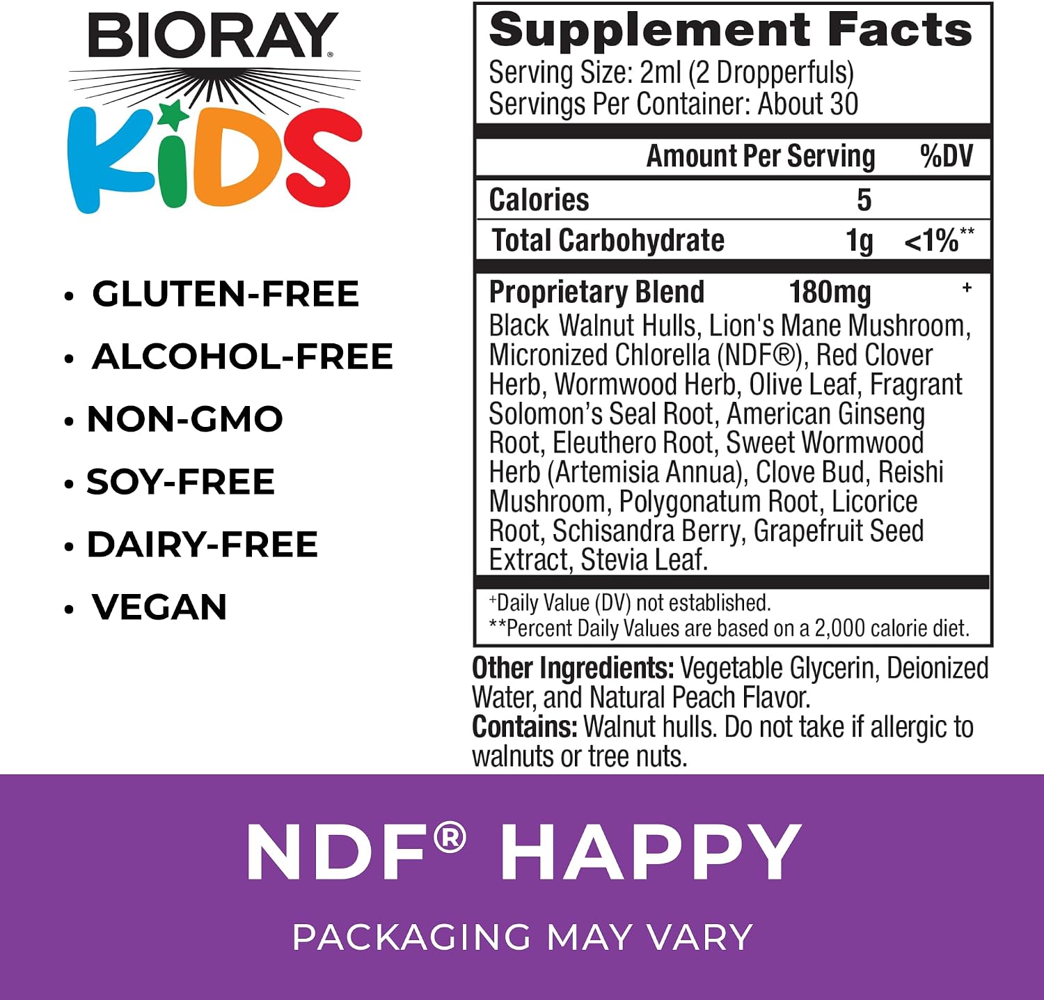 BIORAY Kids NDF Happy, Peach - 2 fl oz - Removes Unwanted Organisms That Can Trigger Irritability - 1-2 Month Supply