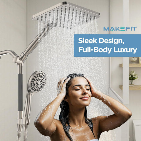 Dual Handheld Shower Head Combo, 2-in-1 Rain Shower Heads System Wide Rainfall Shower Head and 10 Modes High Pressure Hand Held Showerhead with Built-in Power Wash - Brushed Nickel